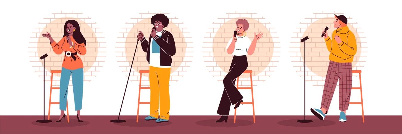 Comedians girls and boys telling  humorous story on stage  Illustration