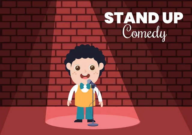 Stand Up Comedy Show Teatro Escena Con Cortinas Rojas Y Microfono Abierto Para El Comediante Actuando En El Escenario En Una Ilustracion De Dibujos Animados De Estilo Plano Ilustración