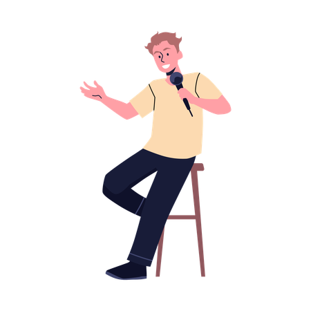 Comediante com microfone nas mãos faz monólogo humorístico  Ilustração
