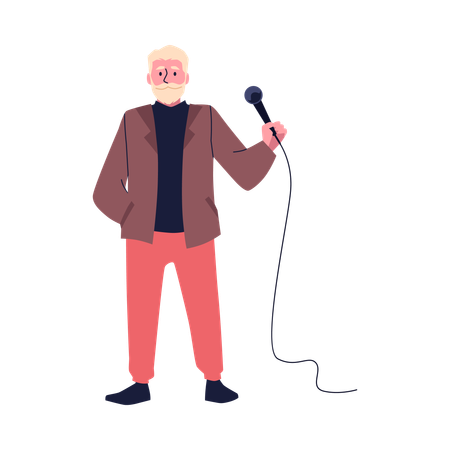 Comediante idoso e bem-humorado com um microfone  Ilustração