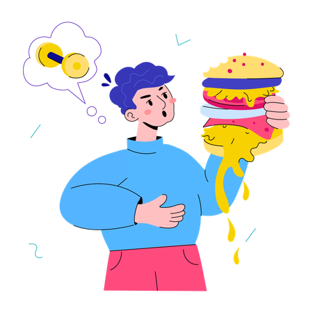 Homem comendo de forma pouco saudável  Ilustração