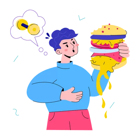 Homem comendo de forma pouco saudável  Ilustração