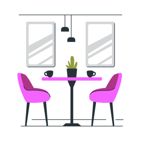 Comedor moderno minimalista con sillas y plantas de colores vivos  Ilustración