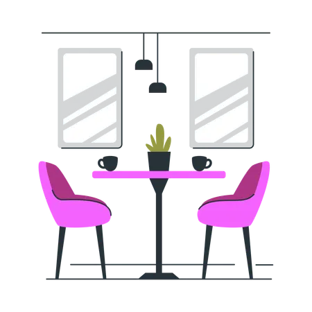 Comedor moderno minimalista con sillas y plantas de colores vivos  Ilustración