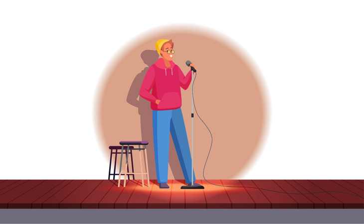 Comedy live show with male comic, funny guy in hoodie, hat standing in spotlight on stage  Illustration