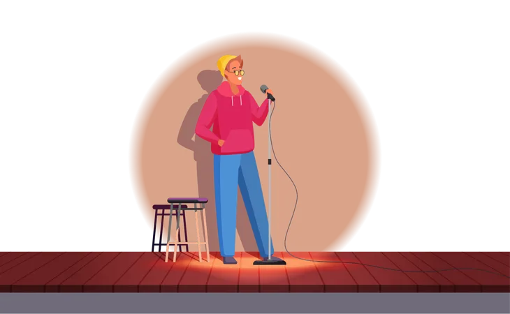 Comedy Live Show With Male Comic Vector Illustration Cartoon Funny Guy In Hoodie And Hat Standing In Spotlight On Wooden Stage At Microphone To Present Performance Comedic Monologue And Jokes Illustration