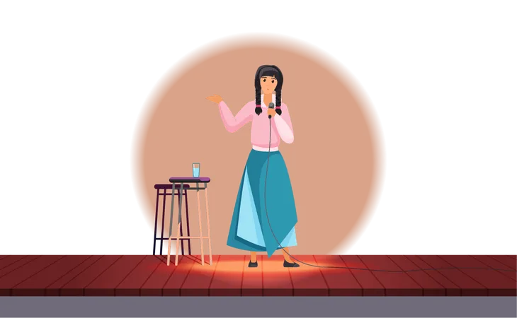 Comedy show of female comedian on stage, comic girl holding microphone to perform jokes  Illustration