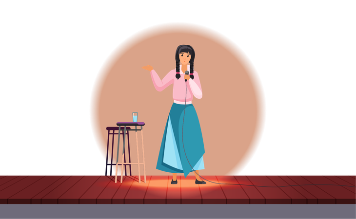 Comedy show of female comedian on stage, comic girl holding microphone to perform jokes  Illustration