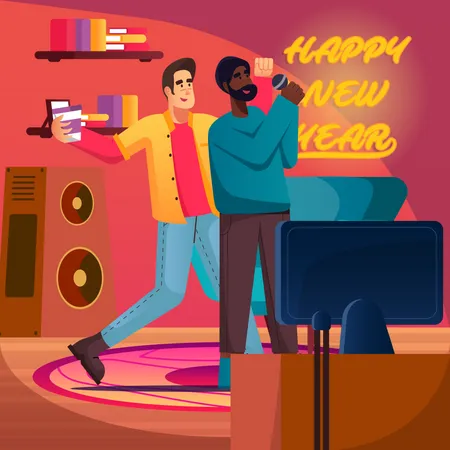 Comemorando o ano novo na casa de amigos  Ilustração