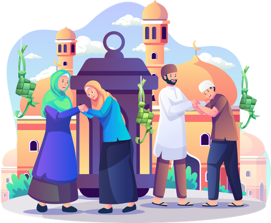 Comemore Eid Mubarak na frente da mesquita  Ilustração