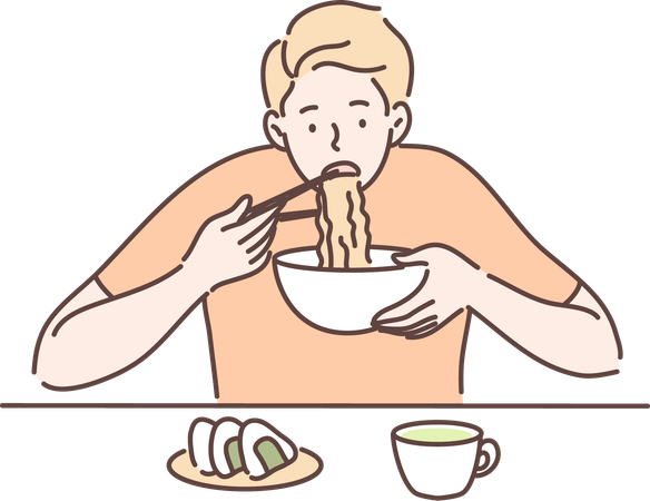 Homem comendo comida japonesa  Ilustração