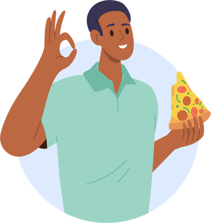 Homem comendo deliciosa pizza italiana, gesticulando sinal ok  Ilustração