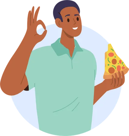 Homem comendo deliciosa pizza italiana, gesticulando sinal ok  Ilustração