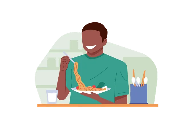 Homem Comendo Macarrao Ilustração
