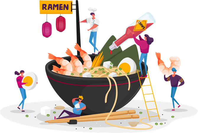 Comendo tigela de ramen  Ilustração