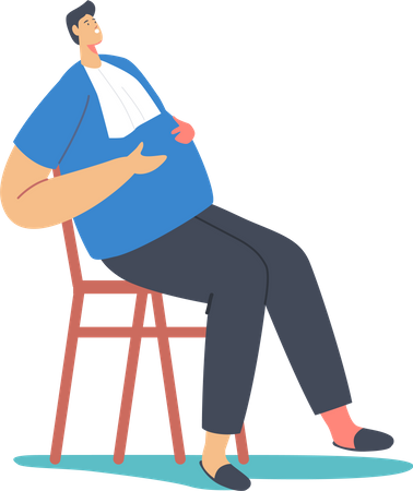 Homem comendo demais com guardanapo no peito, sentado na cadeira, batendo a barriga com as mãos  Ilustração