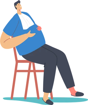 Homem comendo demais com guardanapo no peito, sentado na cadeira, batendo a barriga com as mãos  Ilustração