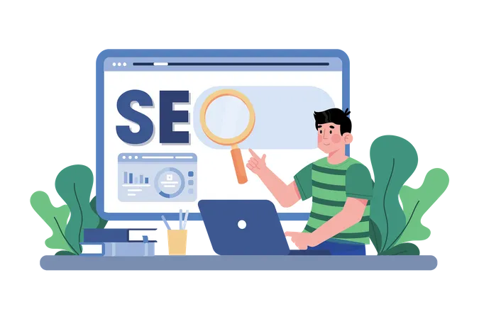 Comercializador digital creando una estrategia de SEO para un nuevo sitio web  Ilustración