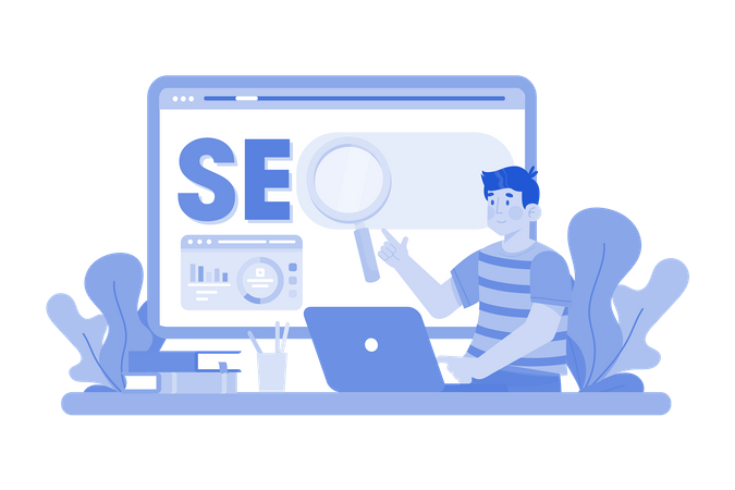 Comercializador digital creando una estrategia de SEO para un nuevo sitio web  Ilustración