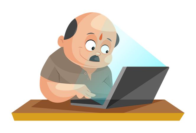 El comerciante está trabajando en la computadora portátil  Ilustración