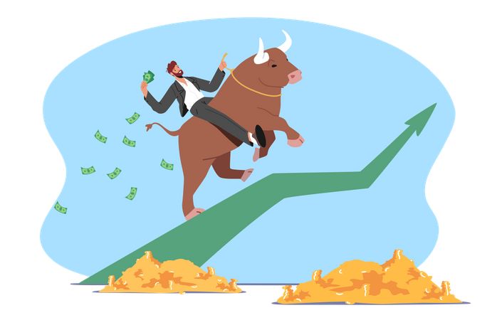 Comerciante exitoso del mercado de valores disfrutando de Bull Run  Ilustración