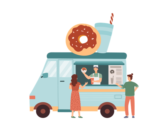 Comerciante vende donas y refrescos desde un puesto de comida de donas  Ilustración