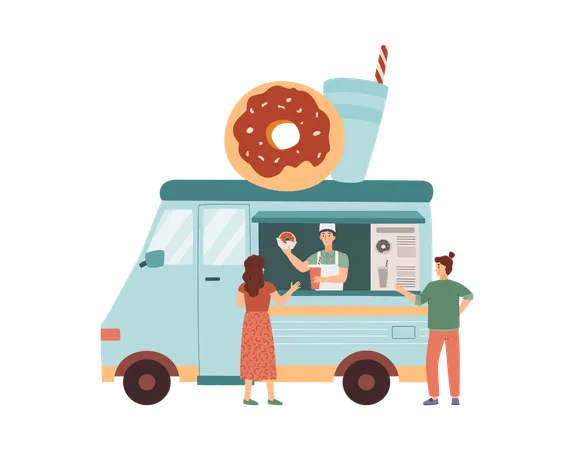 Comerciante vende donas y refrescos desde un puesto de comida de donas  Ilustración