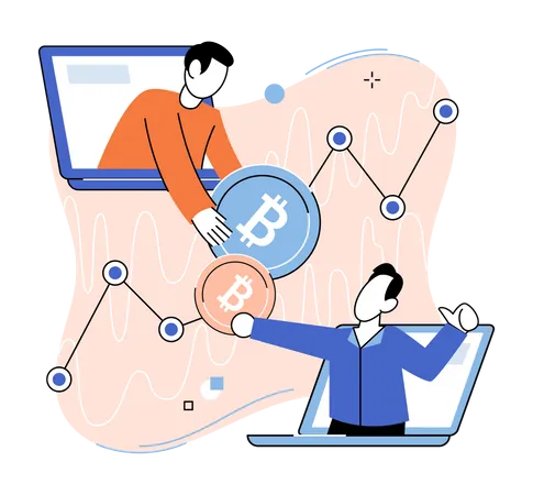 Comerciantes de bitcoins comerciando con bitcoins  Ilustración