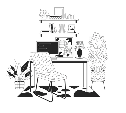 Comfortable Home Office Interior Black And White Line Illustration Computer Desk With Chair And Shelves 2 D Lineart Objects Isolated Domestic Workspace Monochrome Scene Vector Outline Image Illustration