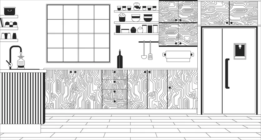 Comfortable Kitchen With Minimalist Furniture Black And White Line Illustration Food Cooking Place At Home 2 D Interior Monochrome Background Domestic Lifestyle Outline Scene Vector Image Illustration