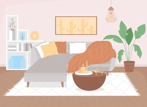 Comfortable Living Room Flat Color Vector Illustration Sofa With Pillow And Blankets At Home Couch And Other Furnishing Nordic Style 2 D Cartoon Interior With Furnishing On Background Illustration