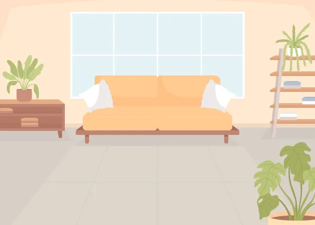 Comfortable Sofa In Living Room Flat Color Vector Illustration Stylish Furnished Apartment Cozy Place To Rest Fully Editable 2 D Simple Cartoon Interior With Window On Background Illustration
