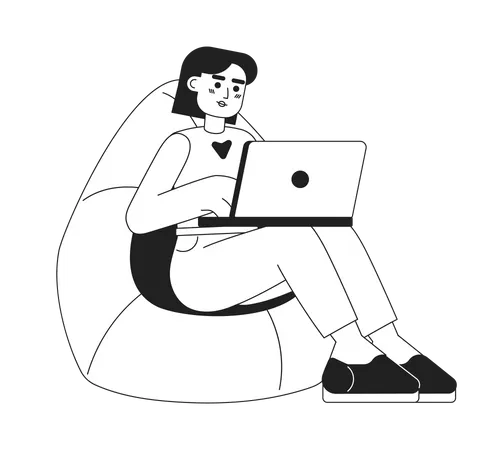 Comfortably Working From Home Monochromatic Flat Vector Character Linear Hand Drawn Sketch Editable Full Body Person Simple Black And White Spot Illustration For Web Graphic Design And Animation Illustration