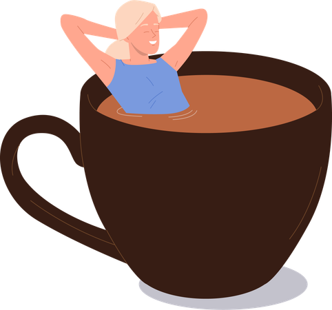 Comfy relaxed woman enjoying rest sitting in giant ceramic coffee cup  Illustration