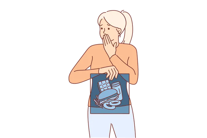 Comida chatarra en el estómago de una mujer sosteniendo rayos X y cubriendo temerosamente la boca con la mano  Ilustración