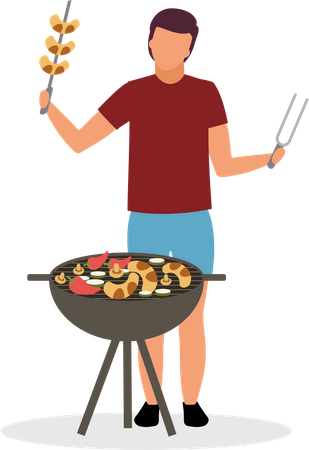 Homem fazendo comida de churrasco  Ilustração