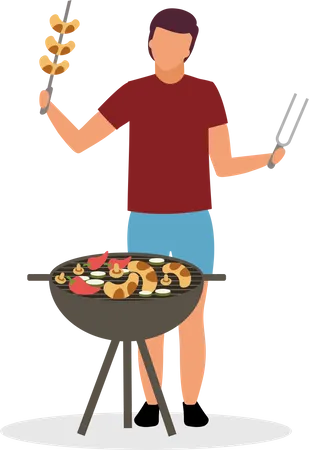 Homem fazendo comida de churrasco  Ilustração