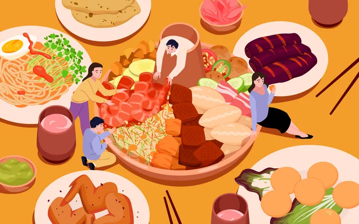 Pessoas comendo culinária japonesa  Ilustração