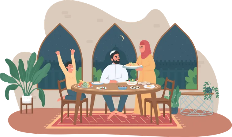 Pancarta Web Vectorial 2 D De Comida Ramadan Familiar Afiche Comida Tradicional Iftar En La Mesa Padres E Hijo Personajes Planos Indios Sobre Fondo De Dibujos Animados Parche Imprimible De Ramazan Elemento Web Colorido Ilustración
