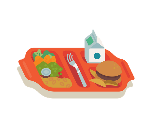 Comida escolar con bandeja de plástico roja llena de comida para escolares, incluyendo leche, verduras, patatas fritas y hamburguesas.  Ilustración