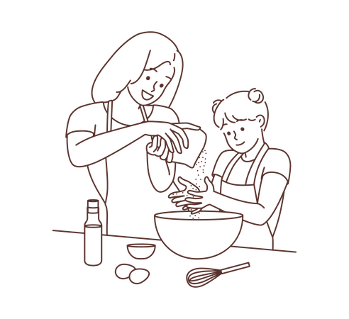 Mãe e filha assando comida  Ilustração
