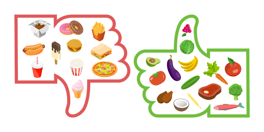 Comida rápida versus comida balanceada  Ilustración
