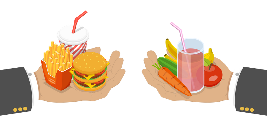 Comida rápida versus comida balanceada  Ilustración