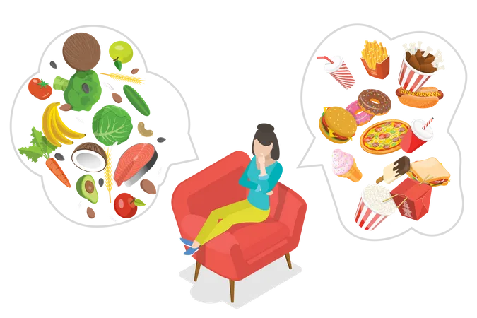 Ilustracao Conceitual De Vetor Plano Isometrico 3 D Do Equilibrio Alimentar Escolhendo Entre Alimentos Saudaveis E Nao Saudaveis Ilustração