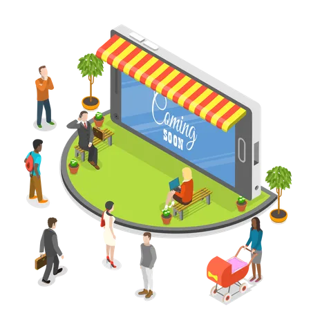 Coming Soon Flat Isometric Vector Concept People Are Waiting For Opening Of The Mobile Store That Looks Like A Smartphone With Awning Illustration