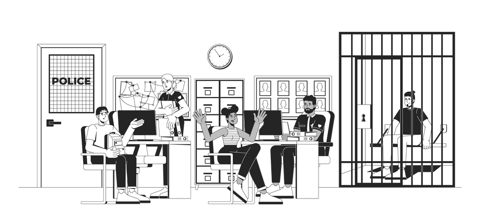 Comisaría de policía con agentes y testigos y celda de la cárcel.  Ilustración