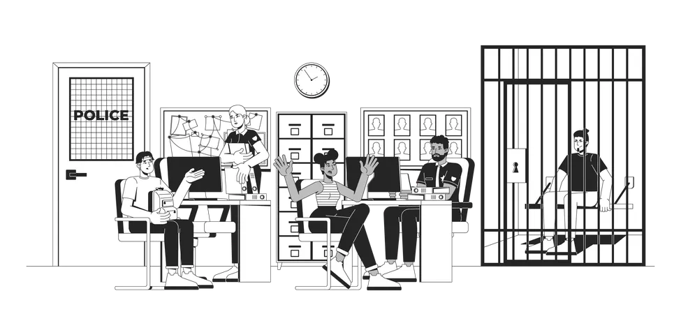 Comisaría de policía con agentes y testigos y celda de la cárcel.  Ilustración