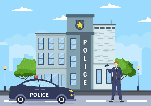 Comisaría de policía con policía y coche de policía.  Ilustración