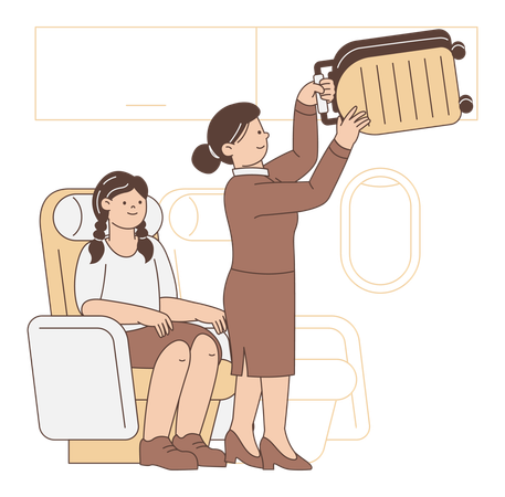 Comissário de bordo auxiliando passageiro com bagagem  Illustration