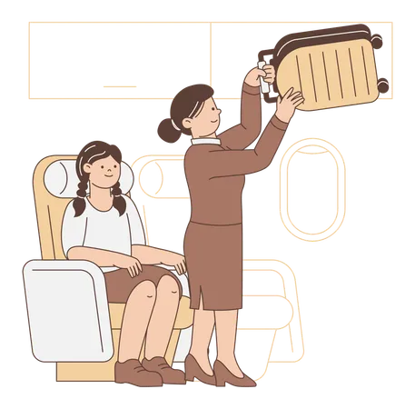 Comissário de bordo auxiliando passageiro com bagagem  Illustration